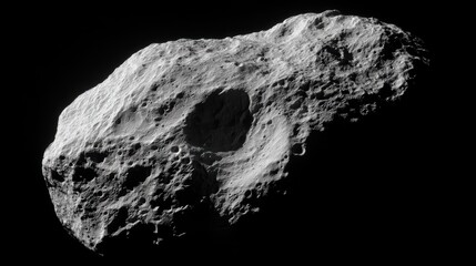 A detailed close-up of a rocky asteroid in space, showing surface craters and rugged texture against a black background
