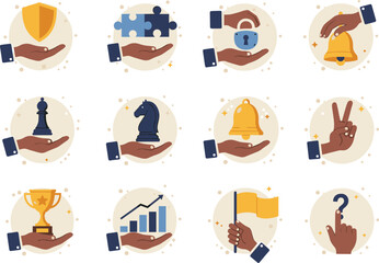 Strategy icon set, hand holding symbols, business success, chess piece, trophy, puzzle, flag, growth, alert, decision making concept