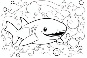 Obraz premium Cute little shark coloring page with bubbles, minimalist black and white cartoon line art with bold outlines for kids