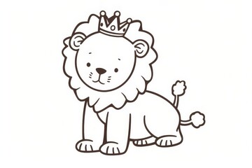 Cute baby lion with crown coloring page, minimalist black and white line art with clouds, simple vector design for kids