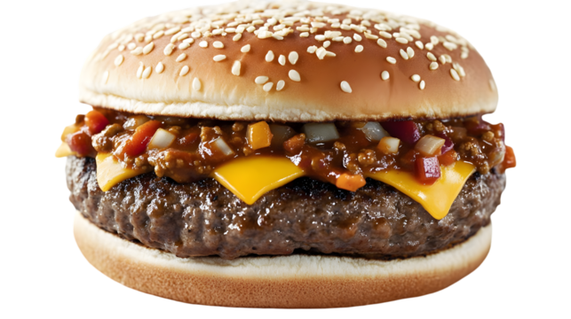 A burger with sesame seed bun, cheese, meat and chili topping on transparent background png
