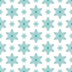 Snowflakes seamless pattern, detailed hand drawn vector line illustration. Graphic outline doodle drawing. Christmas and New Year background for frosty winter design, gift wrapping, packaging, textile