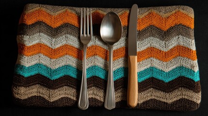 Colorful knitted placemat with a fork, spoon, and knife arranged on top, set against a dark background