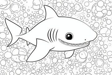 Obraz premium Minimalist coloring page of baby shark playing with toys underwater, simple bold lines for toddlers’ mosaic drawing activity