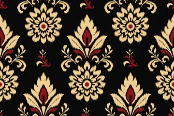Photo sur Plexiglas Traditional ikat floral damask pattern with red and gold motifs on black background, seamless textile design for ethnic embroidery, fabric, clothing, decoration, abstract illustration style.
