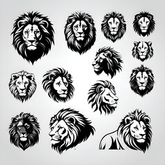 A set of vector silhouettes of lion faces isolated on a white background.
