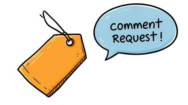 Colorful tag with a comment request bubble, suggesting engagement in a creative context