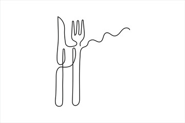 Fork knife and spoon art in one continuous line vector icon
