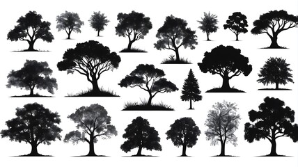 A set of vector silhouettes of several trees isolated on a white background.