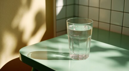 Glass of clear water sits on green table, illuminated by soft sunlight, creating gentle shadows on surface. serene atmosphere evokes sense of calm and refreshment