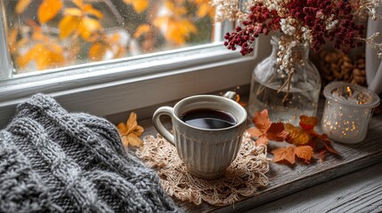 Cozy cup of hot coffee or tea by window in autumn hygge style, warm and relaxing seasonal mood