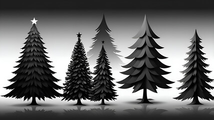 A set of vector silhouettes of several Christmas trees isolated on a white background.
