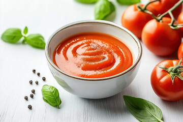 Fresh tomato puree served with basil leaves and ripe tomatoes on a white table