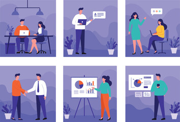 Office teamwork illustration, business meeting, data analysis, collaboration, presentation, handshake, planning strategy, professional discussion, workplace communication, productivity scene