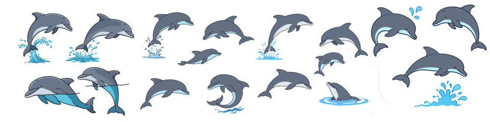 Obraz premium Dolphins swimming and jumping in various poses on a white background 