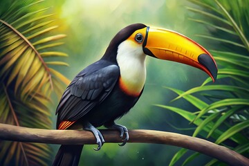 Fototapeta premium Vibrant toucan perched on branch isolated on white background
