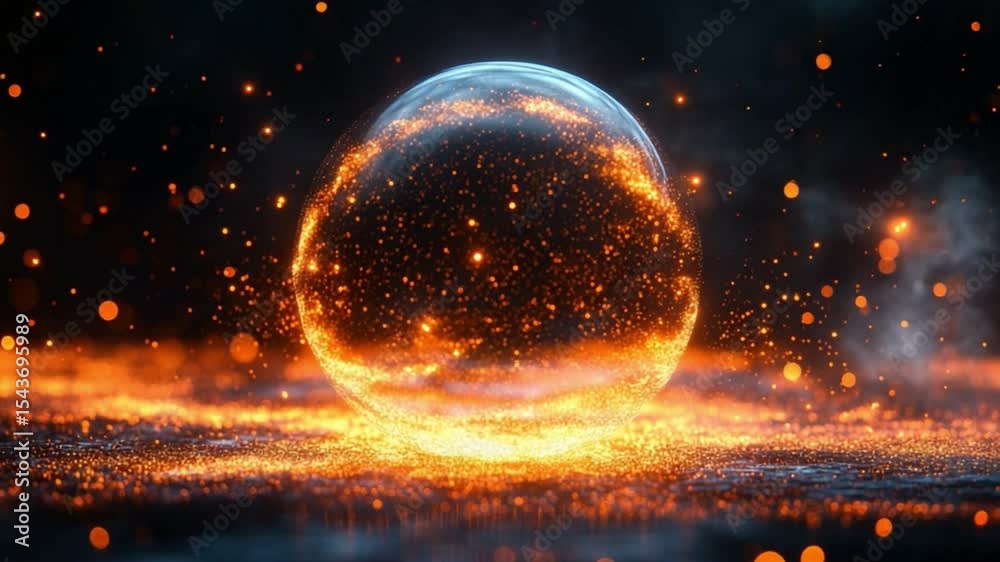 Poster energy sphere: a mesmerizing image capturing a glowing, ethereal sphere suspended in a fiery, otherw