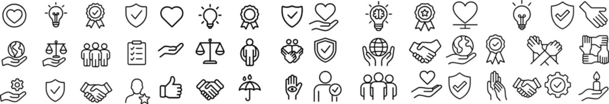 Comprehensive collection modern outline icons that depict essential personal and corporate values&mdash;quality, teamwork, empathy, sustainability, innovation, growth and more&mdash;thin editable stroke. Vector