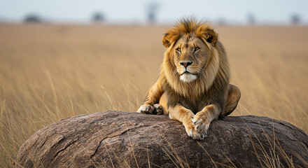 Male lion resting on a rock in the african savanna