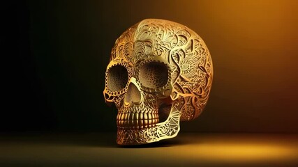 After warm light shifting ornate golden skull rotating on studio surface, showing filigree detail - Powered by Adobe