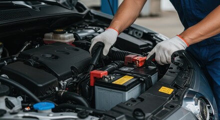 Mechanic servicing car battery