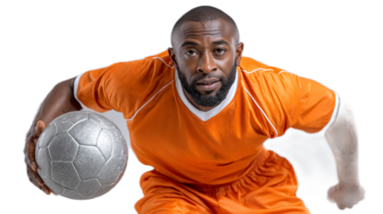 Soccer Player with Ball: A determined soccer player, a man with a serious expression, in an orange jersey confidently controls a silver soccer ball. Ready for action.