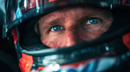 A close-up of a focused race car driver wearing a helmet, showing intense blue eyes and determination