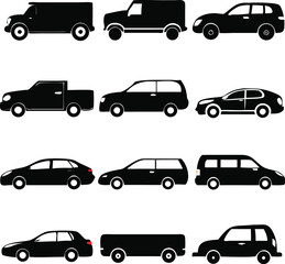 Fototapeta premium Minimalist Vector Set of Black and White Front View Car Icons Featuring Various Vehicle Types Including Sedan, SUV, Pickup, Van, and Compact Car in Clean Automotive Silhouette Style
