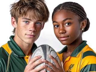 Rugby Partners: A young man and woman, an interracial duo, holding a rugby ball, symbolizing partnership, sportsmanship, and teamwork. They're a vibrant representation of the dynamic team spirit.