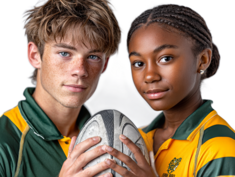 Rugby Partners: A young man and woman, an interracial duo, holding a rugby ball, symbolizing partnership, sportsmanship, and teamwork. They're a vibrant representation of the dynamic team spirit. - Powered by Adobe
