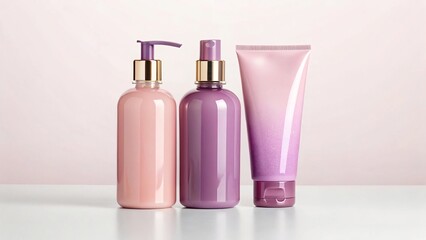 Beauty product set pink and purple bottles skincare lotion cream container