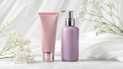 Cosmetic products mockup beauty skincare cream lotion bottle on white silk