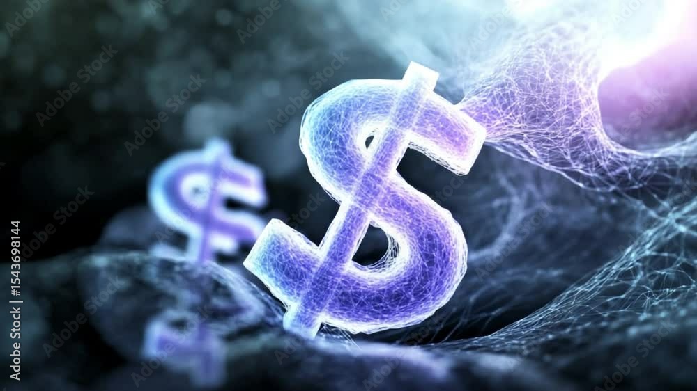 Poster financial abundance: two shimmering dollar signs float within an abstract, ethereal, and atmospheric
