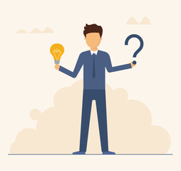 Question and аnswer, businessman holding question мark and lightbulb, problem solving, business solutions, Q&A session