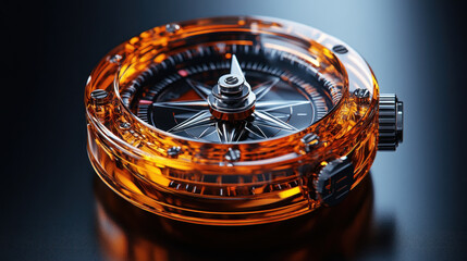 Close-up of an amber-colored, transparent compass