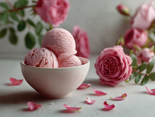 Delicious Pink Rose Ice Cream Scoops in Bowl on a kitchen table with vibrant roses flowers and petals
