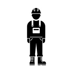 A black and white illustration of a construction worker wearing a hard hat and work clothes standing upright