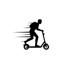 A silhouette of a person riding an electric scooter with motion lines indicating speed and movement fast