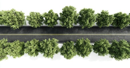 Top-down view of a paved road lined with trees