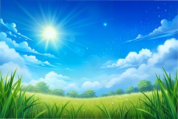 Obraz premium Bright sunny day landscape with lush green grass and blue sky isolated on white background