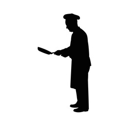 Silhouette of a chef holding a frying pan in a cooking pose against a plain white studio background view