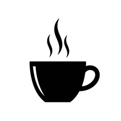 A simple black and white graphic illustration of a steaming cup of coffee or tea design element vector