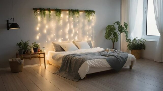 Panning camera over bed with string lights and greenery in bedroom revealing side table, monstera