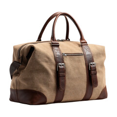 Naklejka premium Beige canvas and brown leather duffle bag isolated on transparent background