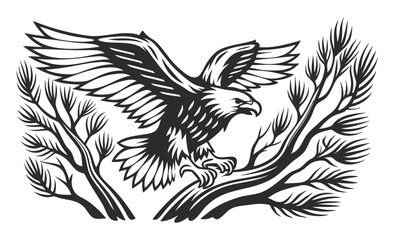 Powerful eagle spreading its wings while perched on a branch, ready to soar above the coniferous forest in this monochrome vector illustration