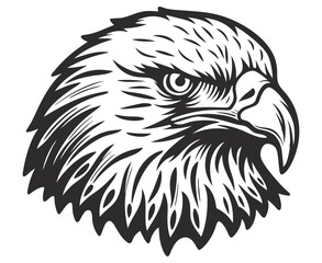 Obraz premium Monochrome vector eagle head in profile view, visible feather segmentation, curved beak, focused gaze, thick outlines, suitable for wildlife themed logos, emblems or vintage graphic use