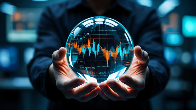 Hands holding crystal ball with stock market chart
