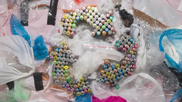 Collecting Plastic Packaging for Recycling. Loop. The recycling symbol is made up of old AA batteries. It rotates slowly among colorful plastic bags and totes to symbolize collection and recycling - Powered by Adobe