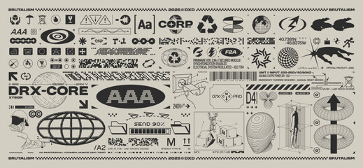 Brutalism tech graphic set. Glitch symbols, packaging signs, fake logos and futuristic elements. Y2K monochrome interface for sci-fi UI, poster or branding design. Vector set