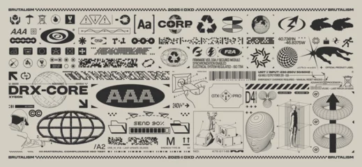 Selbstklebende Fototapeten Brutalism tech graphic set. Glitch symbols, packaging signs, fake logos and futuristic elements. Y2K monochrome interface for sci-fi UI, poster or branding design. Vector set © BonkiStudio